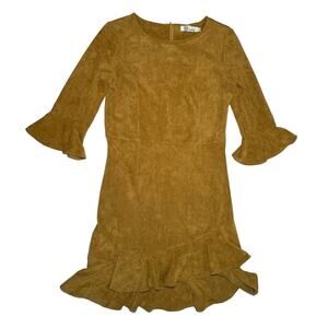 Aryeh Woman's Bell 3/4 Sleeve Suede Ruffle Dress Camel Color Size Small